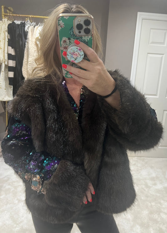 The Soho sequin arms faux fur coat