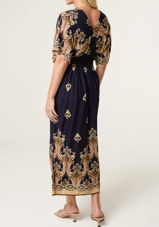 Border print shirred waist maxi dress