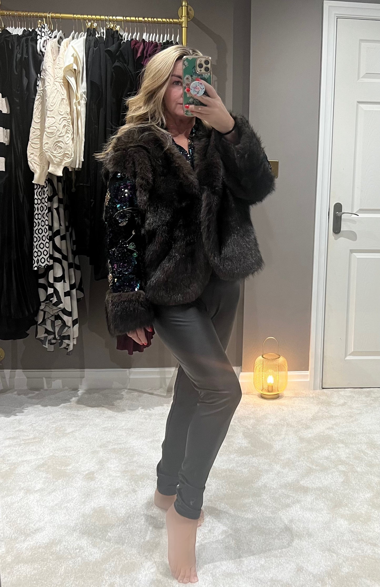 The Soho sequin arms faux fur coat