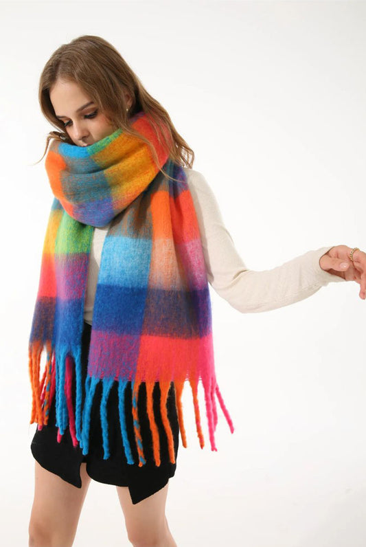 Check Print Fluffy Knit Scarf